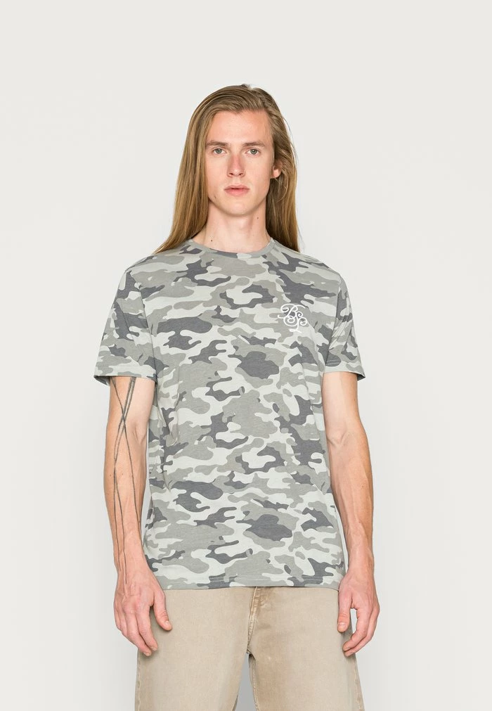 Brave Soul SCRAWL - Print T-shirt - Grey Camo/optic White
