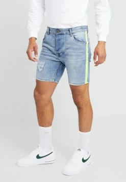 Brave Soul JACKTAPE - Denim Shorts - Blue Wash/yellow Stripe