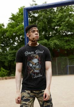 Brave Soul Print T-shirt - Jet Black Acid Wash/multi Colour