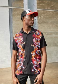 Brave Soul OKYO - Shirt - Jet Black/multi- Colour Print